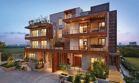 Puri Diplomatic Greens villa with a stone and timber facade