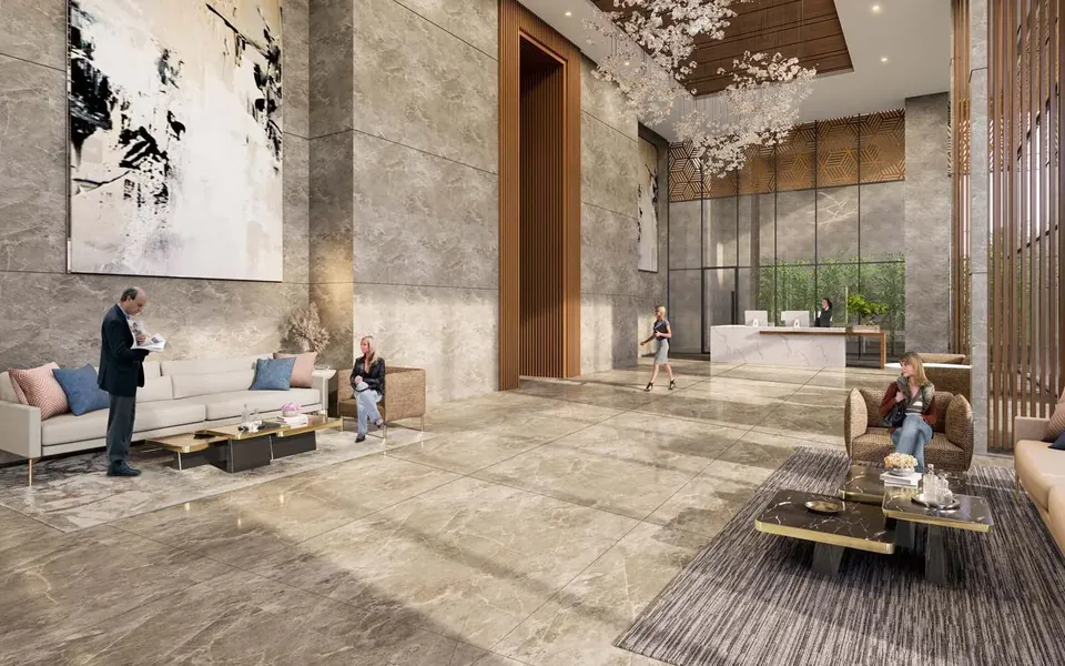 Puri Diplomatic Residences tower lobby with marble walls and art, artist's impression