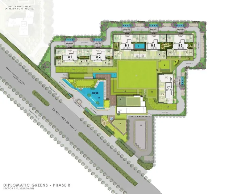 Puri Diplomatic Residences site plan (Diplomatic Greens Phase B): six towers around the central green
