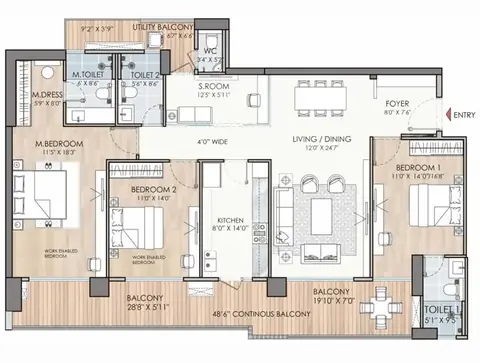 Puri Diplomatic Residences 3 BHK + study floor plan, 2,440 sq ft super area