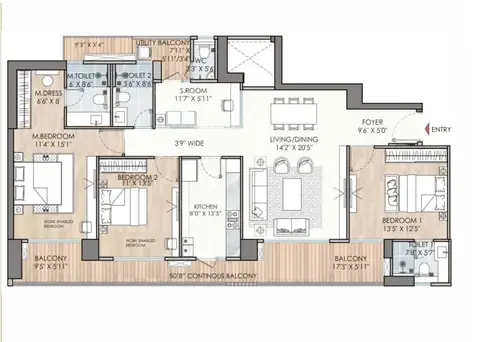 Puri Diplomatic Residences 3 BHK + study floor plan, 2,282 sq ft super area