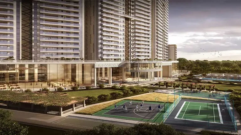 Pyramid Alban basketball and tennis courts beside the clubhouse podium, artist's impression