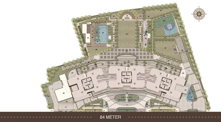 Pyramid Alban master plan with three towers, pool deck, lawns and the 84 m SPR frontage