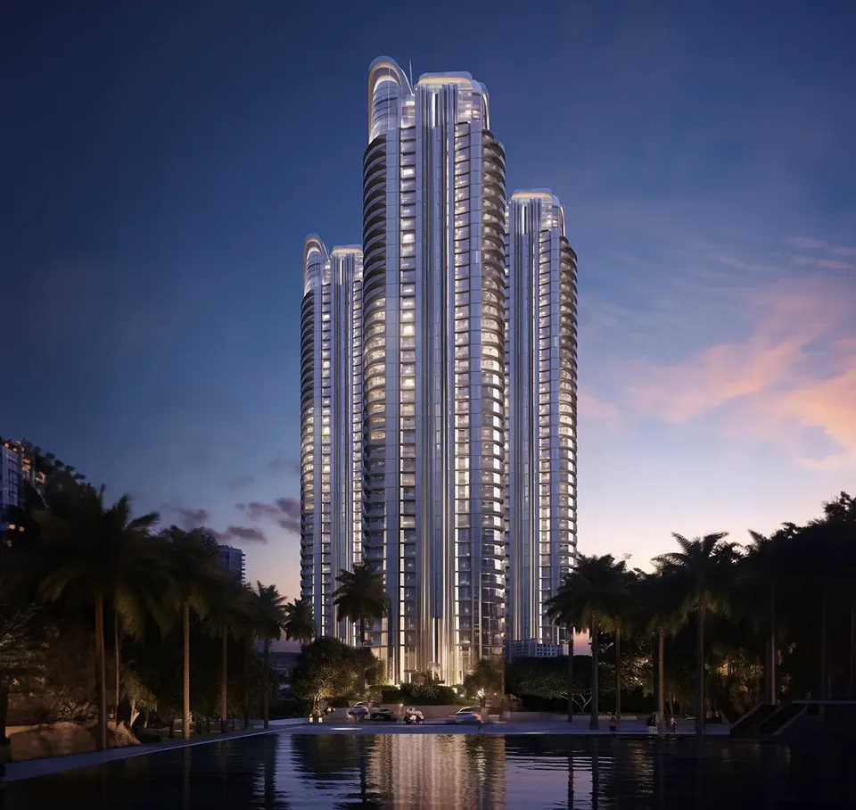 Pyramid Alban towers at dusk seen across the landscaped water body, artist's impression