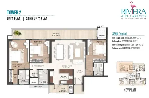 AIPL Riviera 3 BHK floor plan, 2,196 sq ft super area