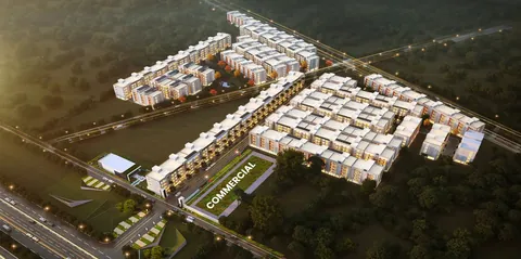 ROF Normanton Park aerial view of Normanton Park's low-rise floors and commercial block, artist's impression