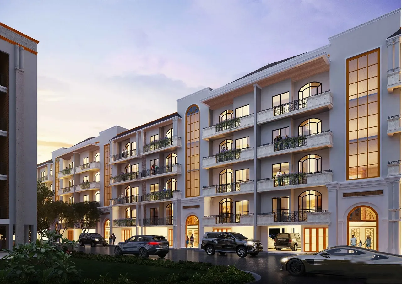 ROF Normanton Park floor blocks with lit balconies at dusk, artist's impression