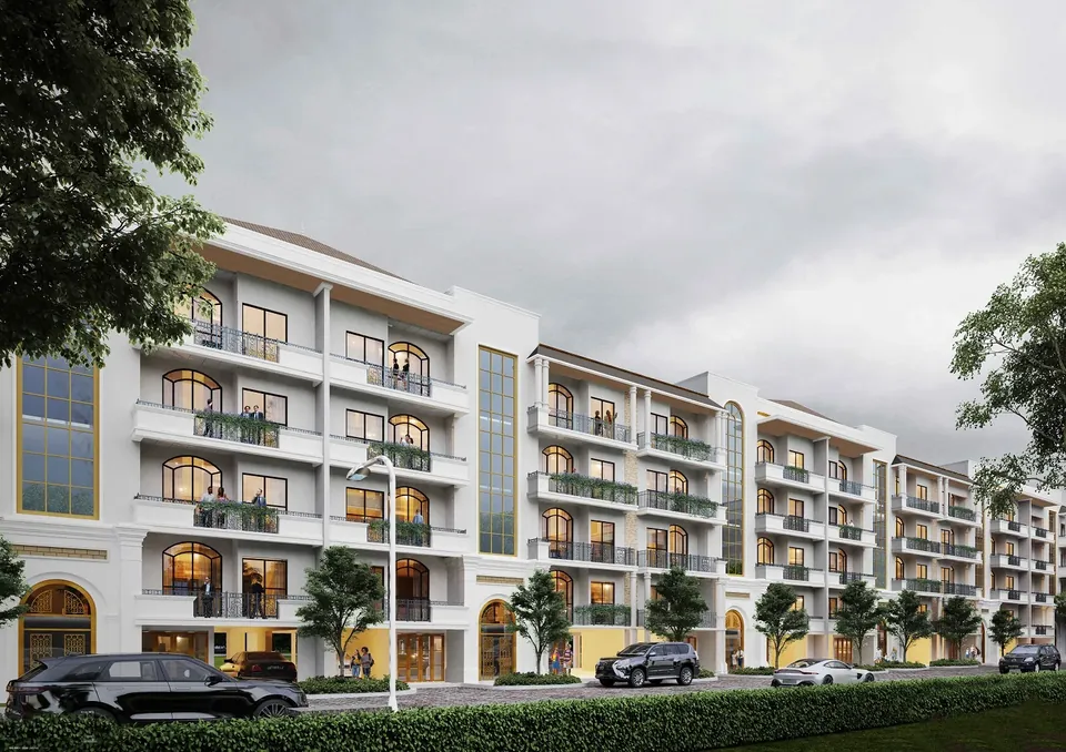 ROF Normanton Park stilt + 4 floors along a tree-lined street, artist's impression
