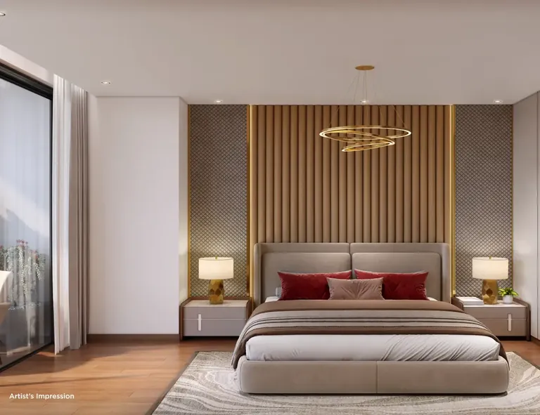 Shapoorji Pallonji The Dualis sample bedroom with a panelled headboard wall, artist's impression