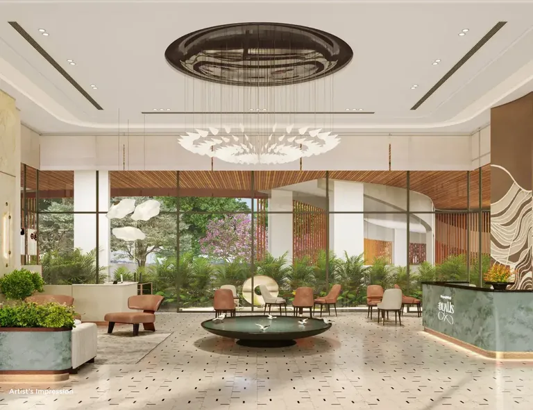 Shapoorji Pallonji The Dualis double-height entrance lobby with lounge seating, artist's impression
