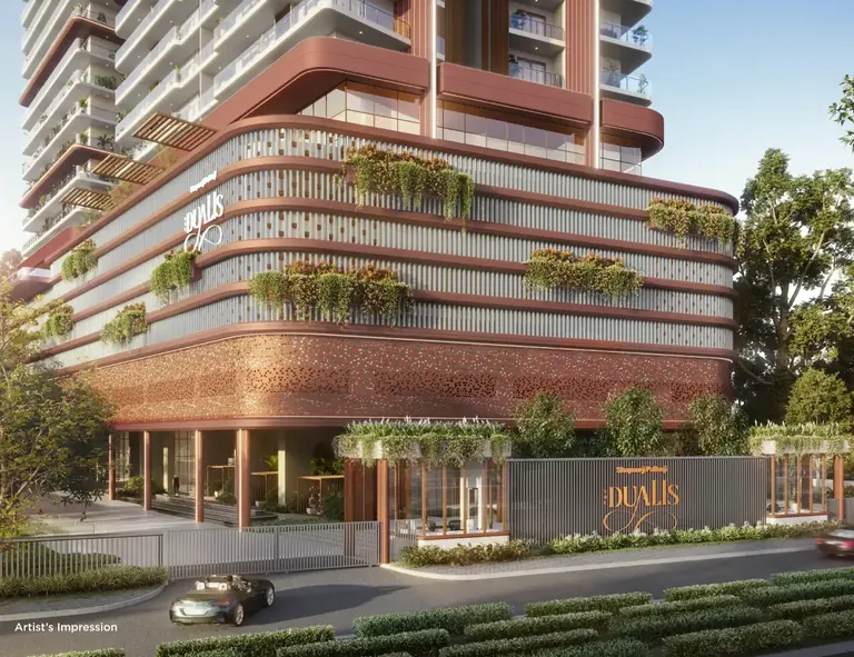Shapoorji Pallonji The Dualis entrance gate and podium with planted terraces, artist's impression