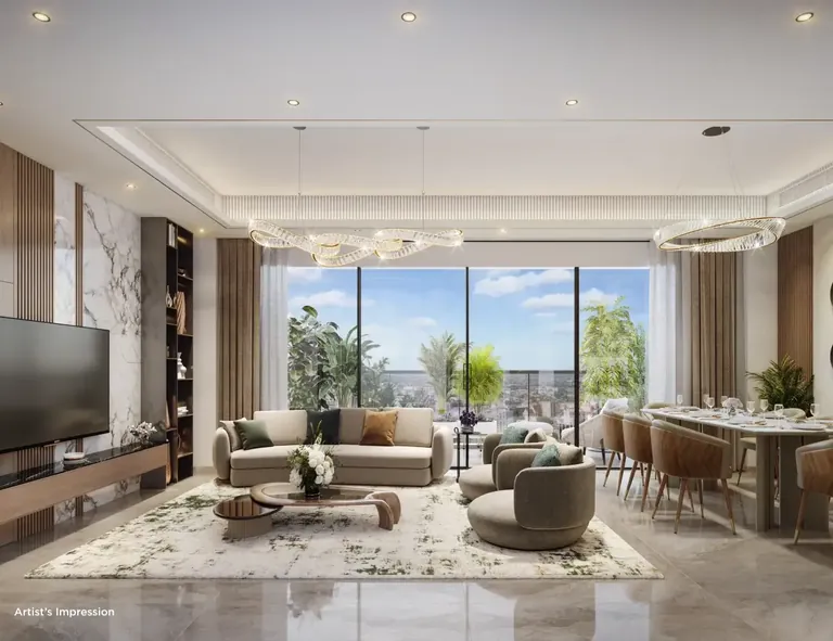 Shapoorji Pallonji The Dualis sample living and dining room with full-height windows, artist's impression