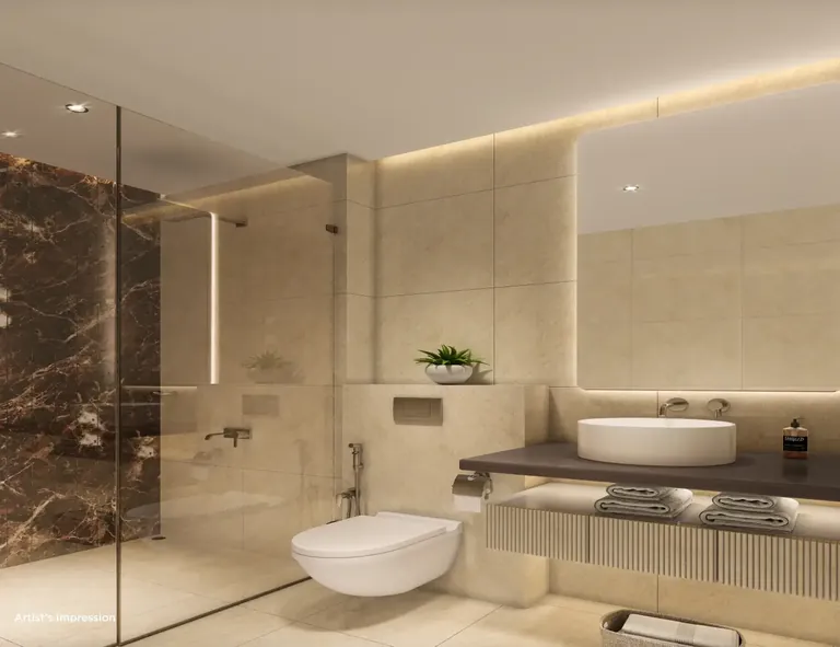 Shapoorji Pallonji The Dualis sample washroom with a glass shower and marble wall, artist's impression