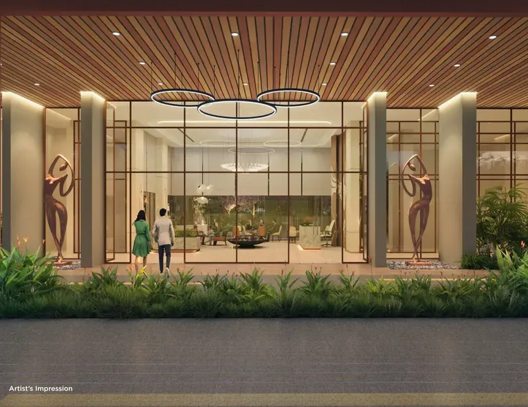 Shapoorji Pallonji The Dualis covered drop-off at the glass lobby doors, artist's impression