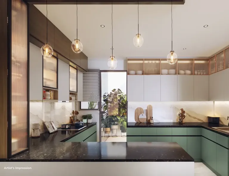 Shapoorji Pallonji The Dualis sample L-shaped kitchen with a window, artist's impression