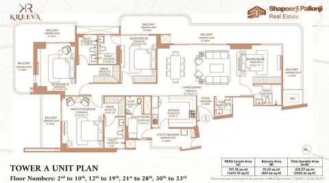 Shapoorji Pallonji The Dualis 4 BHK + utility floor plan, Tower A, 3,600 sq ft super area, 1,694 sq ft RERA carpet