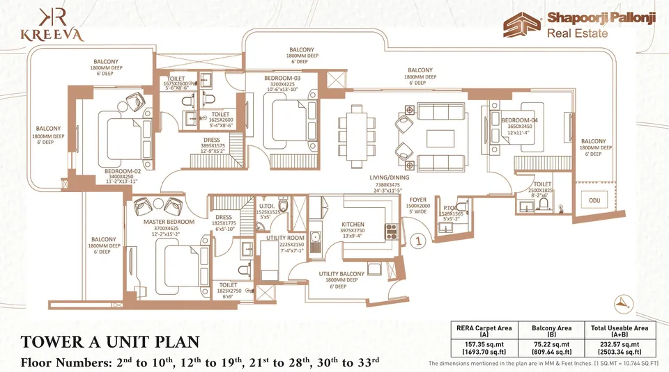 Shapoorji Pallonji The Dualis 4 BHK + utility floor plan, Tower A, 3,600 sq ft super area, 1,694 sq ft RERA carpet