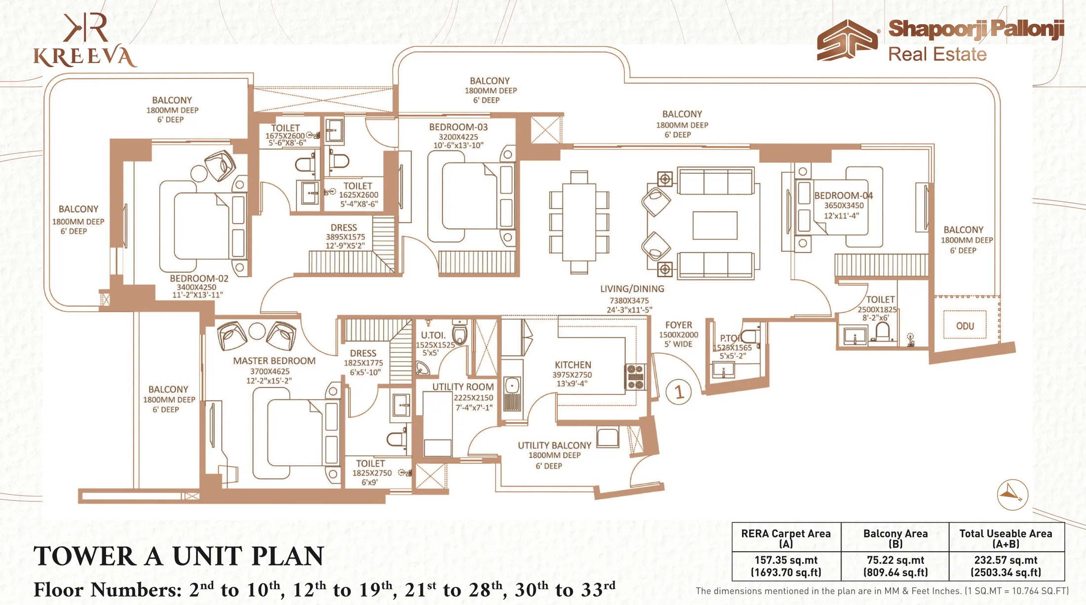 Shapoorji Pallonji The Dualis 4 BHK + utility floor plan, Tower A, 3,600 sq ft super area, 1,694 sq ft RERA carpet