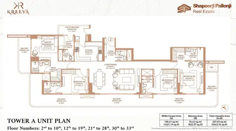Shapoorji Pallonji The Dualis 4 BHK + utility floor plan, Tower A, 3,500 sq ft super area, 1,621 sq ft RERA carpet