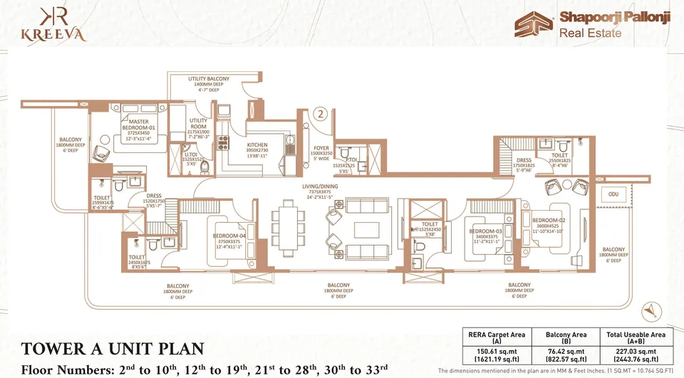 Shapoorji Pallonji The Dualis 4 BHK + utility floor plan, Tower A, 3,500 sq ft super area, 1,621 sq ft RERA carpet