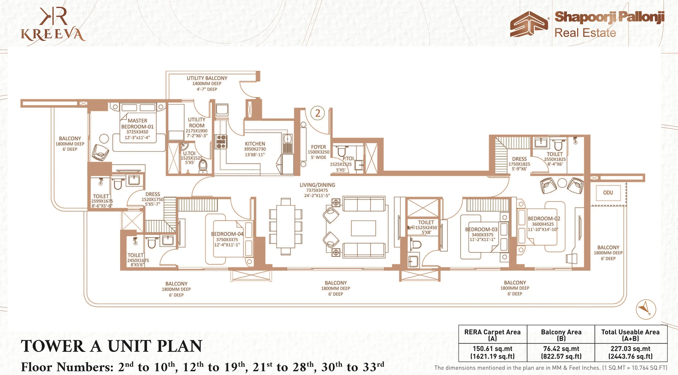 Shapoorji Pallonji The Dualis 4 BHK + utility floor plan, Tower A, 3,500 sq ft super area, 1,621 sq ft RERA carpet