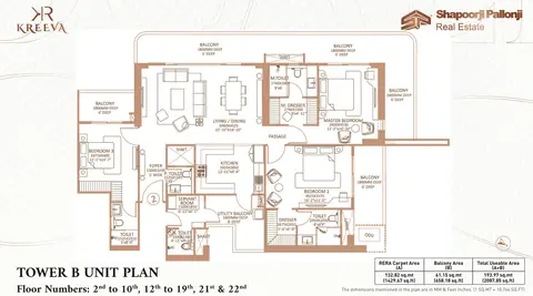 Shapoorji Pallonji The Dualis 3 BHK + servant floor plan, Tower B, 3,000 sq ft super area, 1,430 sq ft RERA carpet