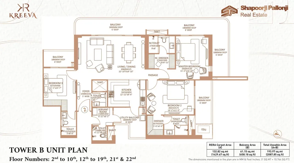 Shapoorji Pallonji The Dualis 3 BHK + servant floor plan, Tower B, 3,000 sq ft super area, 1,430 sq ft RERA carpet