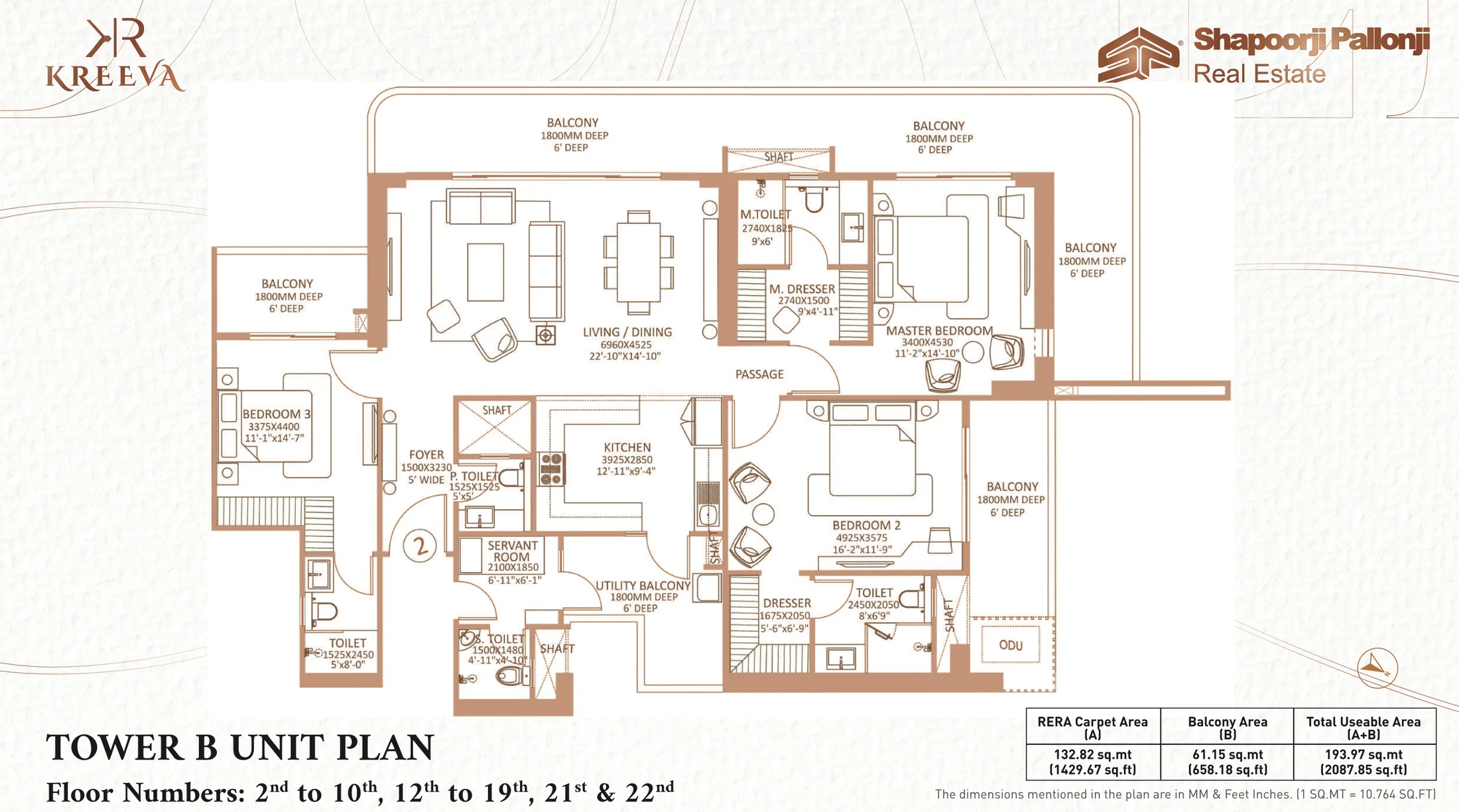 Shapoorji Pallonji The Dualis 3 BHK + servant floor plan, Tower B, 3,000 sq ft super area, 1,430 sq ft RERA carpet