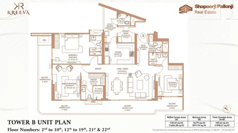 Shapoorji Pallonji The Dualis 3 BHK + servant floor plan, Tower B, 2,850 sq ft super area, 1,406 sq ft RERA carpet