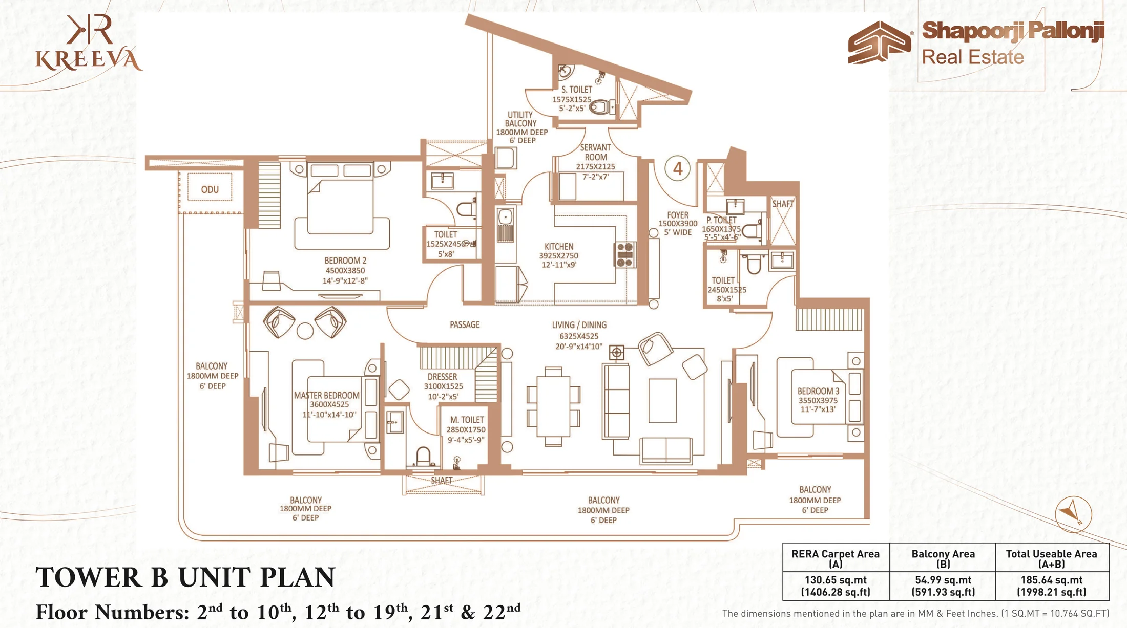 Shapoorji Pallonji The Dualis 3 BHK + servant floor plan, Tower B, 2,850 sq ft super area, 1,406 sq ft RERA carpet