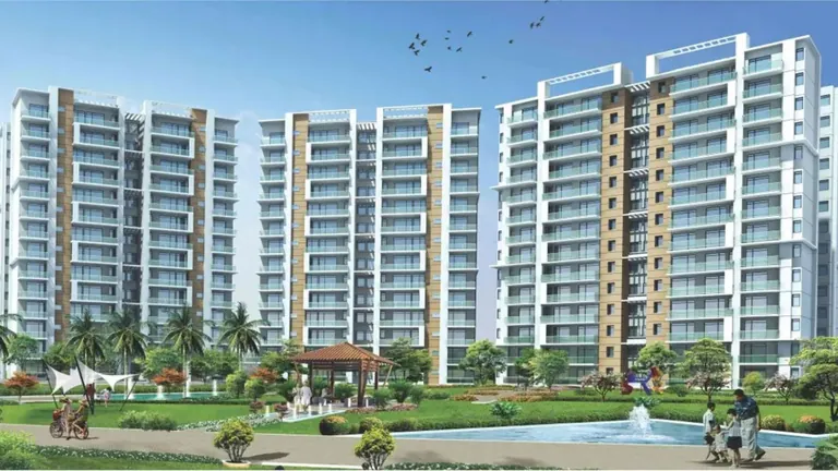 Shree Vardhman Victoria towers with central lawn, gazebo and fountain, artist's impression