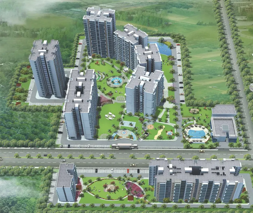 Shree Vardhman Victoria aerial view of towers, central lawns and pool beside the main road, artist's impression