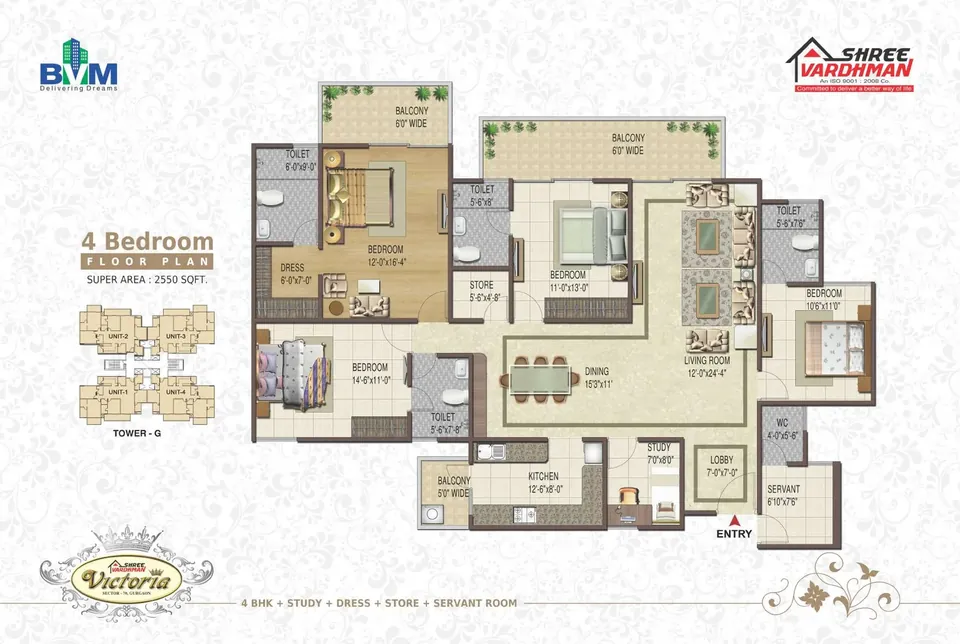 Shree Vardhman Victoria 4 BHK floor plan, 2,550 sq ft super area