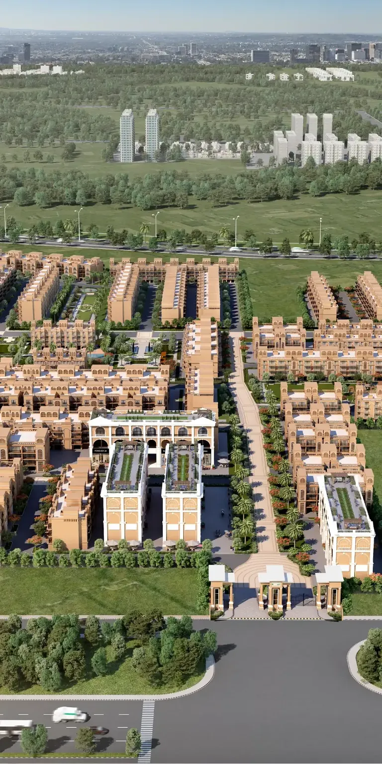 Signature Global Park aerial view along a Global Park street, artist's impression