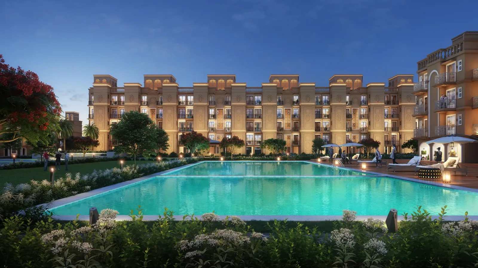 Signature Global Park pool in front of the floors at night, artist's impression