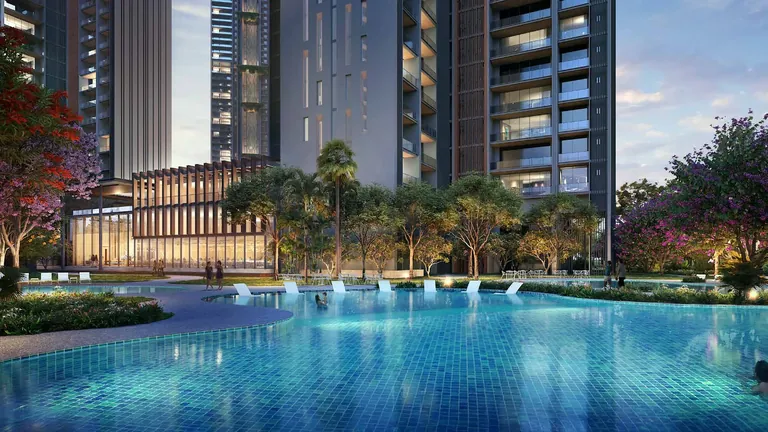 Signature Global Titanium SPR swimming pool and clubhouse in the evening