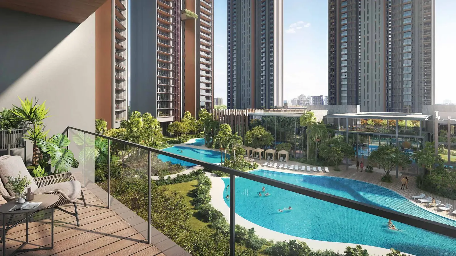Signature Global Titanium SPR deck balcony overlooking the pool