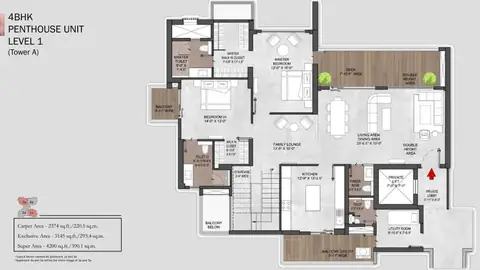Silverglades The Legacy 4 BHK penthouse upper floor plan, part of the 4,200 sq ft home