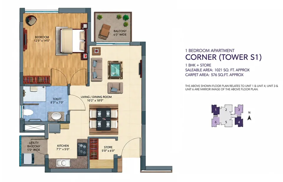 Silverglades The Melia First Citizen 1 BHK flat floor plan, about 1,021 sq ft super area