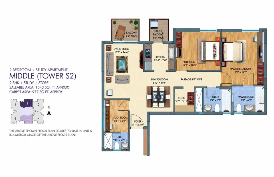 Silverglades The Melia First Citizen 2 BHK + Study flat floor plan, about 1,543 sq ft super area