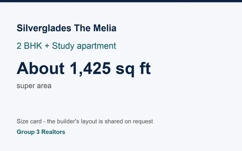 Silverglades The Melia 2 BHK + Study flat size card, about 1,425 sq ft super area