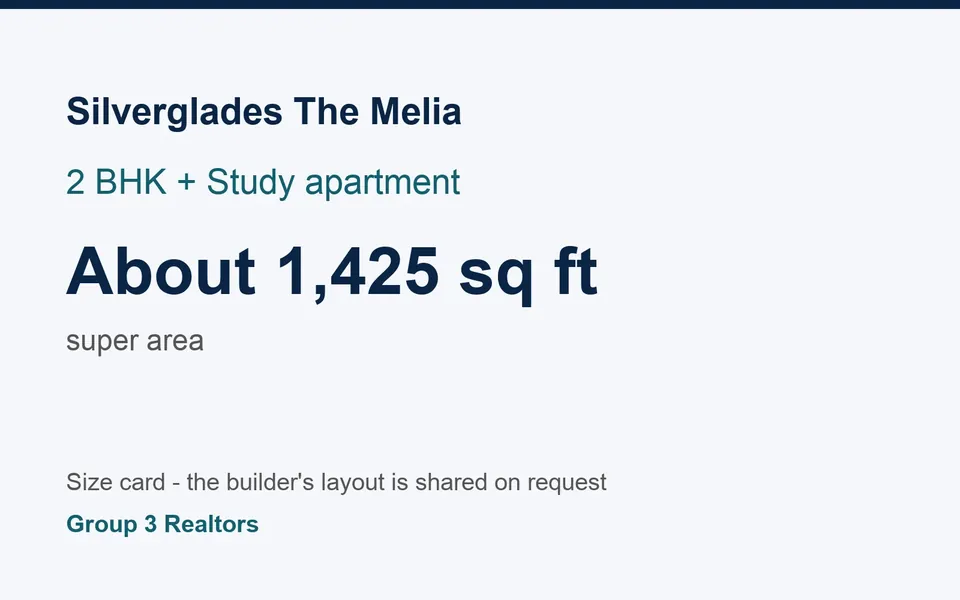 Silverglades The Melia 2 BHK + Study flat size card, about 1,425 sq ft super area