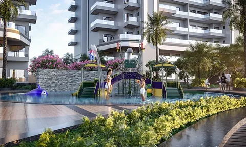 Smartworld One DXP children's water play area by the towers, artist's impression