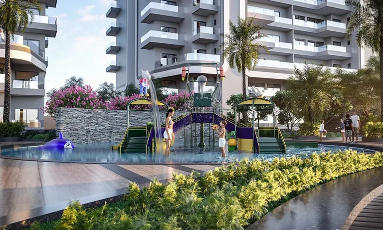 Smartworld One DXP children's water play area by the towers, artist's impression