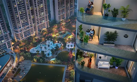 Smartworld One DXP free-form lagoon pool and gardens from above, artist's impression