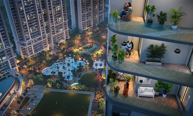 Smartworld One DXP free-form lagoon pool and gardens from above, artist's impression