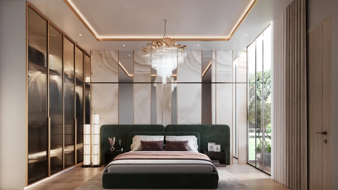 Smartworld One DXP sample bedroom with a chandelier, artist's impression