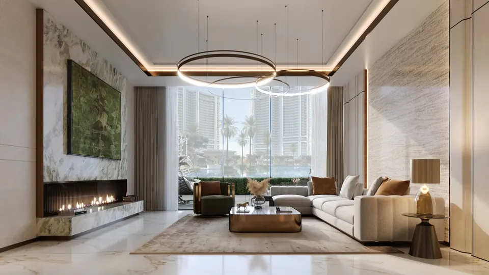 Smartworld One DXP sample living room with a fireplace wall, artist's impression
