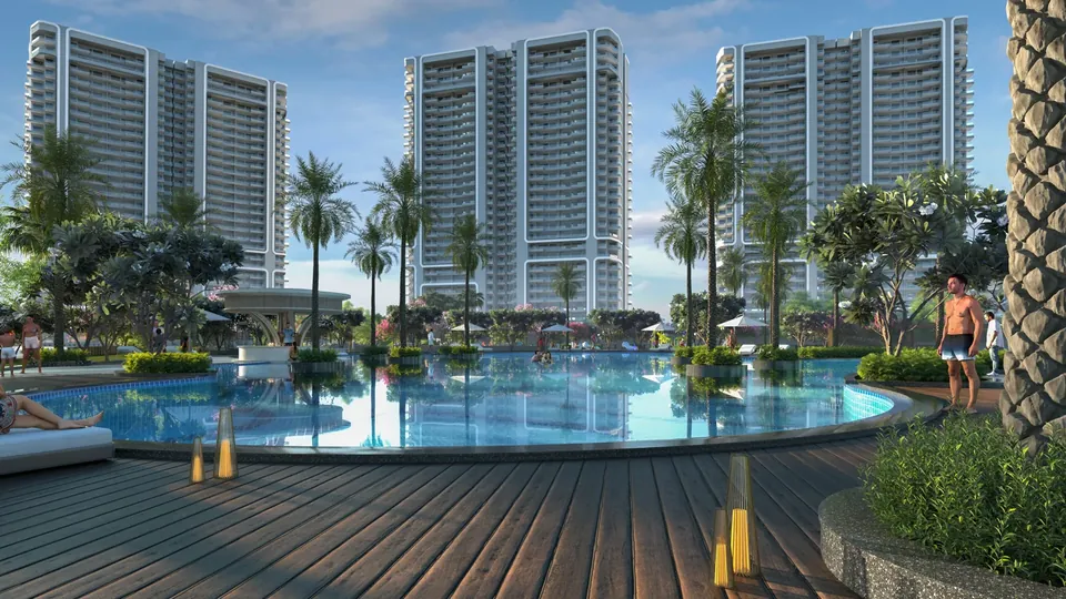 Smartworld One DXP towers at dusk from the lagoon deck, artist's impression