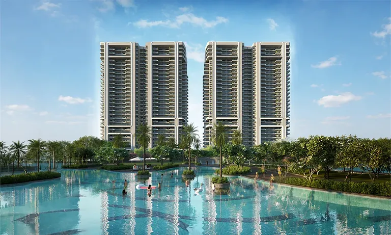 Smartworld One DXP towers rising over the blue lagoon, artist's impression
